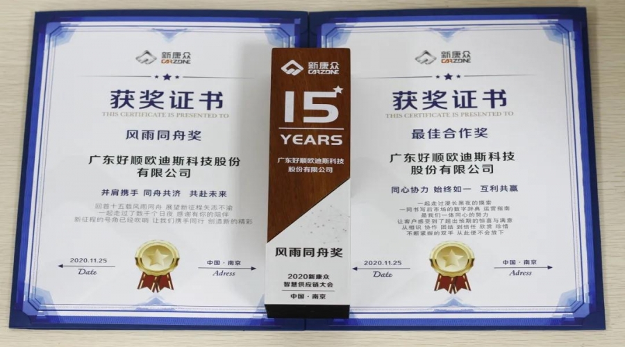 好順科技榮獲新康眾智慧供應(yīng)鏈年度大會(huì)“最佳合作獎(jiǎng)”及“風(fēng)雨同舟獎(jiǎng)！”